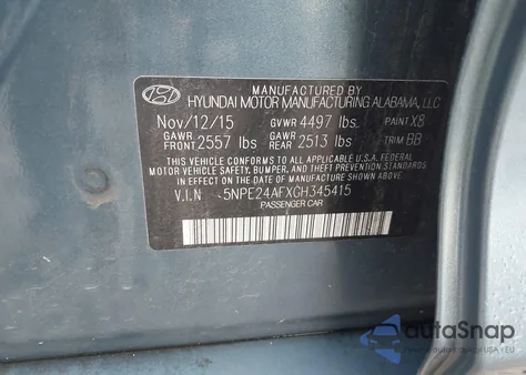 2016 Hyundai Sonata Se из США, поврежденный, VIN 5NPE24AFXGH345415